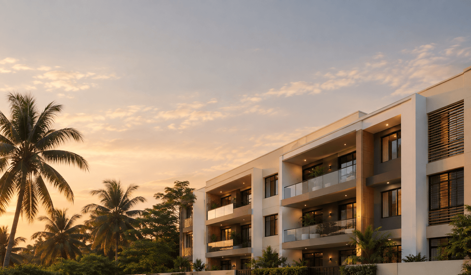 Modern campus apartments surrounded by palm trees at sunset