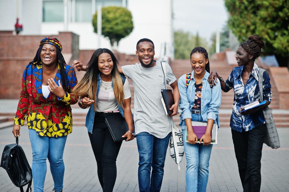 A group of friends together on campus