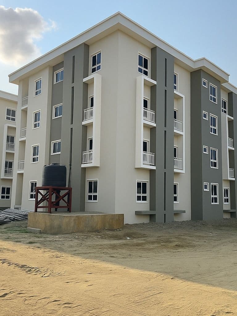 A cream and grey apartment building with balconies and a water tank